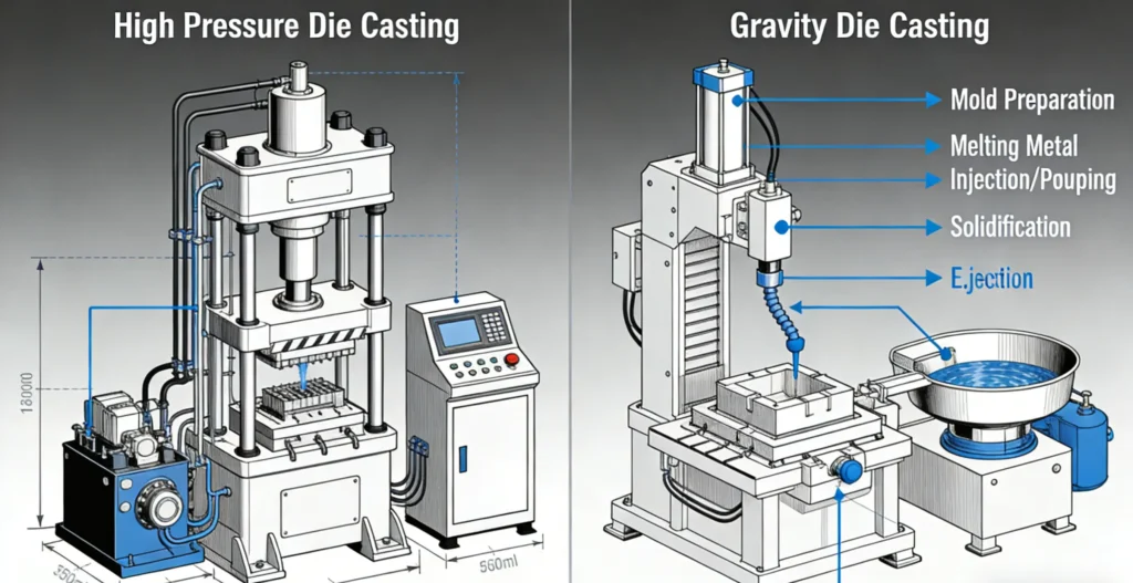 High pressure vs gravity die casting for aluminum parts - process and equipment comparison