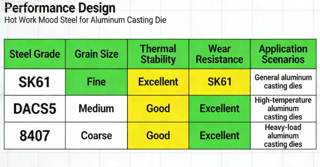 Performance comparison of hot work mold steel for aluminum casting die