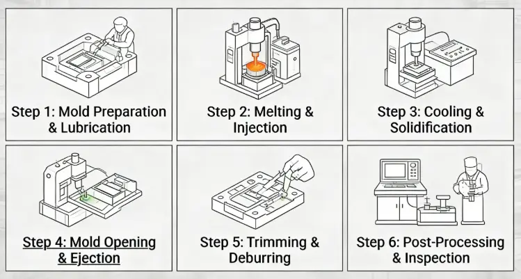 Visual overview of the six critical steps in the aluminum die casting process